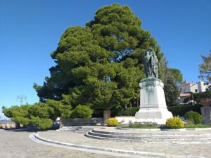 di NataleUn pino Aleppo orientale in una città urbana, un albero di Natale maestoso davanti al monumento di un monastero antico, un simbolo di conifere che collega la natura con la vita di una persona
