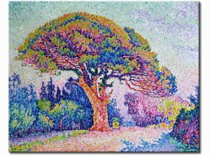 ColoursArte cattura lessenza della pittura moderna su un albero di pino, usando la lavagna come sfondo per una composizione di colori vibranti